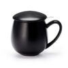 Black mug with lid and stainless steel infuser.