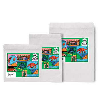 Decaf Mexico. 3 sizes of coffee bags with artwork by Thomas Howes. 250g, 500g, 1kg.