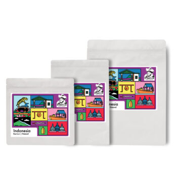 Indonesia Kerinci Natural. 3 sizes of coffee bags with artwork by Thomas Howes. 250g, 500g, 1kg