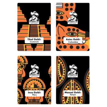 Image displays 4 gold coffee packs. Guatemala Tikal Gold, Colombia Aztec Gold, Peru Inca Gold, Kenya Maasai Gold