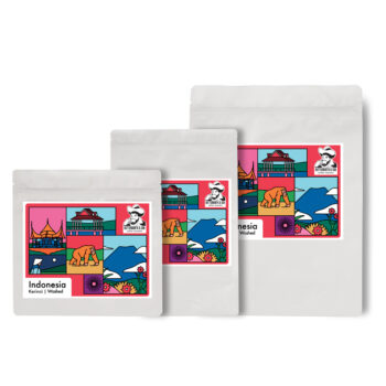 Indonesia Kerinci Washed. 3 sizes of coffee bags with artwork by Thomas Howes. 250g, 500g, 1kg