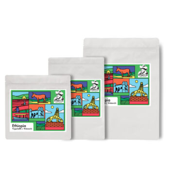 3 sizes of coffee bags with artwork by thomas howes. 250g, 500g, 1kg