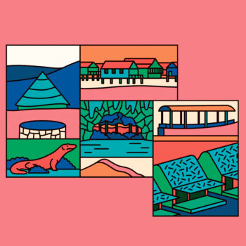 Thomas Howes artwork. Pink background with 8 mini illustrations of scenes of Indonesia.