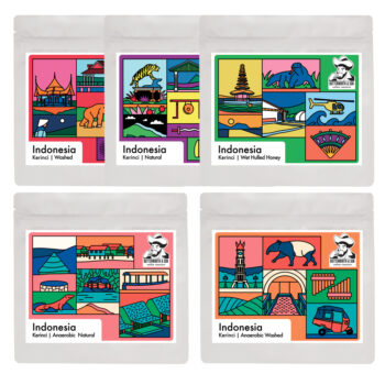 Indonesia Kerinci Bundle 5x 250g. 3 sizes of coffee bags with artwork by Thomas Howes.