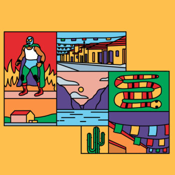 Mexico Oaxaca Geisha artwork by Thomas Howes. label artwork displays tiles of art. Lucha Libre wrestler, streets of Oaxaca, cactus and mountains.