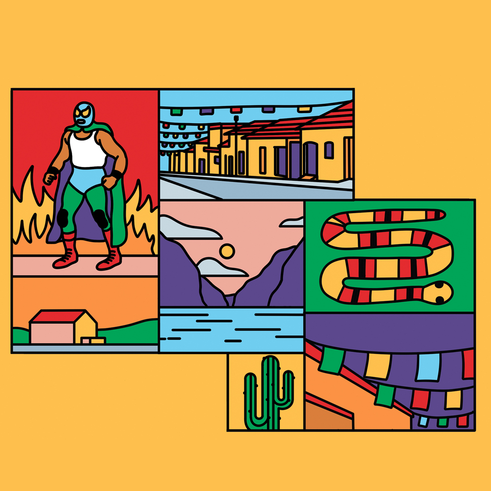 Mexico Oaxaca Geisha artwork by Thomas Howes. label artwork displays tiles of art. Lucha Libre wrestler, streets of Oaxaca, cactus and mountains.