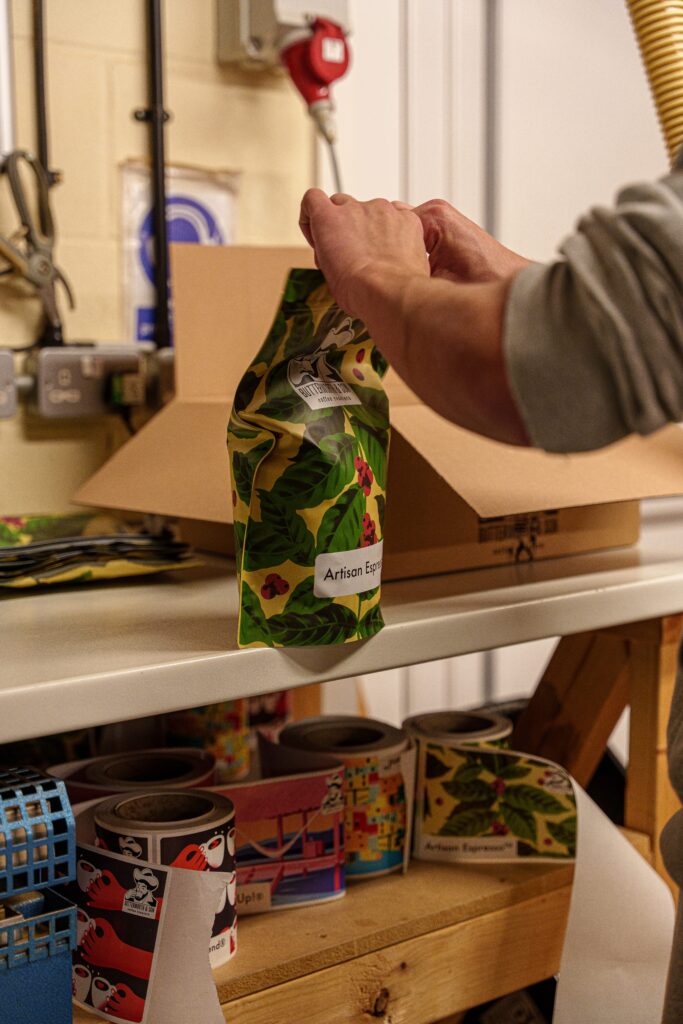 A bag of Artisan blend on the production bench