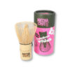 Matcha Craft Bamboo Whisk presented in a pink & black cardboard tube.